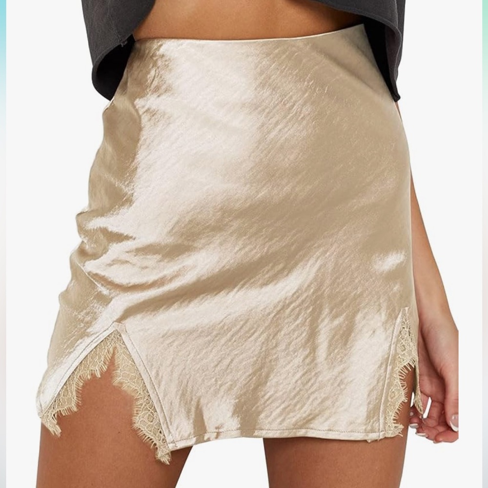 Satin Lace Trim Mini slip Skirt in Gold